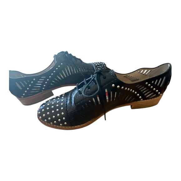 Sam Edelman Loafer Shoes Women’s 7 Black Laser Cut Silver Stud Lace Up Preppy - Picture 7 of 12